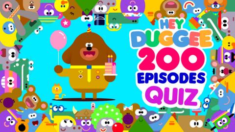 Duggee and his cat Enid are surrounded by lots of the squirrels and their families, the text says Hey Duggee 200th Episode Quiz.