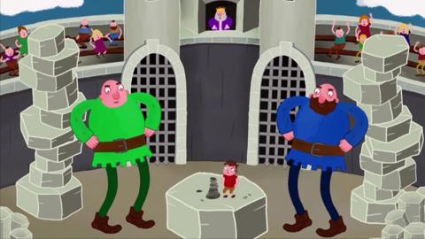 Two giants and a boy build rock towers