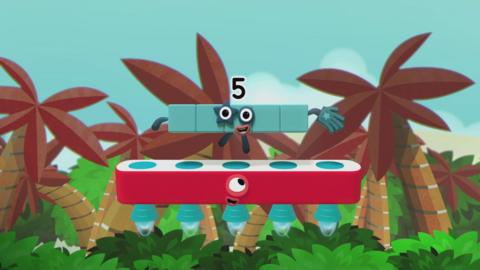 Numberblocks five with palm trees in the background.