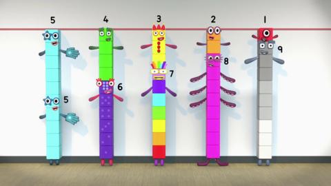 Line up of numberblocks, each adding up to ten.