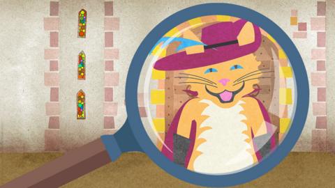 Puss in Boots inside a magnifying glass.