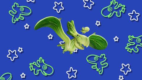 A smiling pterodactyl made from green and leafy bok choy (Chinese lettuce) flies on leaves for wings with her baby bok choy child.