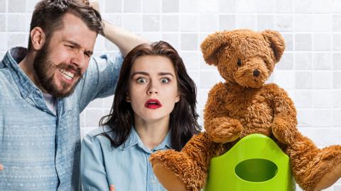 Grown ups surviving potty training and a teddy bear on a potty.