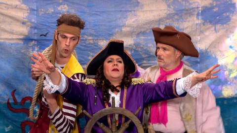 The pirates and Captain Captain having a photoshoot