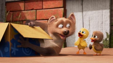 Image of a cartoon Weasel smiling with two fluffy ducklings