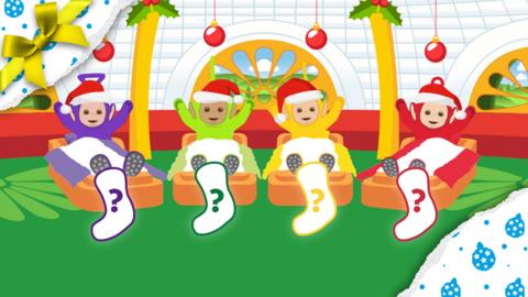 The Teletubbies and their Christmas stockings.