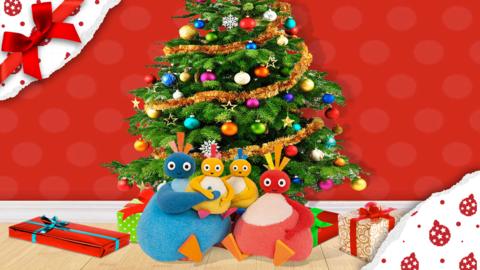 The Twirlywoos, a Christmas tree and presents.