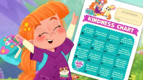 Vida, a cartoon 10-year-old girl with bright orange hair, wearing bright purple medical scrubs, smiles, raising her arms above her head. A small rodent sits in her pocket, also smiling. Behind her, a document called 'Kindness Chart'.