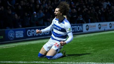 Rayan Kolli celebrates his first goal for Queen's Park Rangers against Norwich City