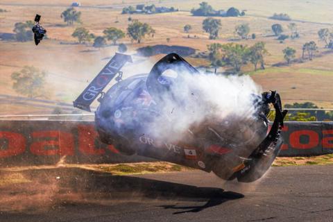 Stephen Grove crashes in his Mercedes during the Bathurst 12 Hour at Mount Panorama in Australia