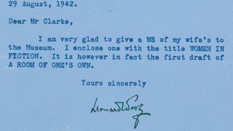 Letter from Leonard Woolf (left) and manuscript page from A Room of One's Own (right)