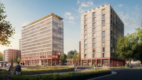 A graphic artistic image of what an old concrete office block could be regenerated into.