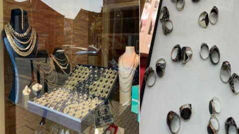 A composite image of two photos side by side. On the left is a shop window of a jewellers - an open tray shows several rings on display with headless mannequins next to it wearing gold necklaces. On the right are several rings placed on a table.