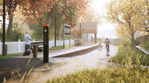 A CGI image of the Horam Hub, a hub along the Cuckoo Trail for people to convene.  Remnants of the old Horam train station can be seen in this image, alongside a person walking and another sitting. There are also two cyclists in the image.