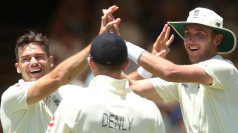 England bowlers James Anderson (left) and Stuart Broad (right) celebrate a wicket on day two of the second Test against South Africa