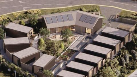 An artists impression of what the pods would have looked like. It shows ten small rectangular pods and a main building in a triangular shape. 