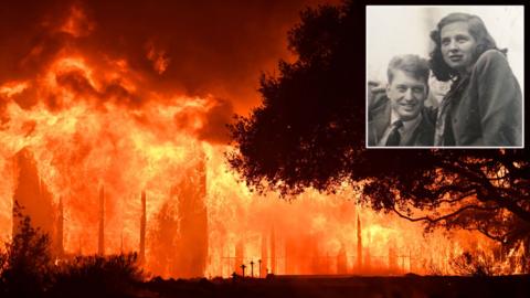 Charles and Sara Rippey (inset) and one of the wildfires in Napa Valley