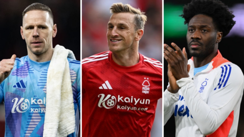 Left to right: Nottingham Forest goalkeeper Matz Sels, striker Chris Wood and defender Ola Aina