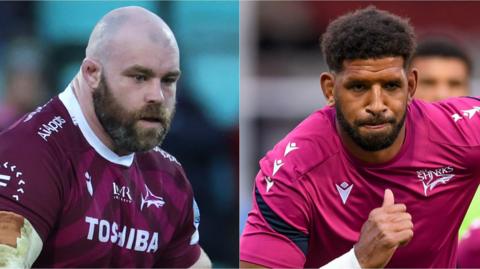 Left: Willgriff John playing in Sale's maroon away kit
Right: Hyron Andrews in the middle of running during a pre-game warm-up wearing a pink Sale training top