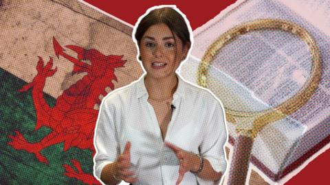 BBC reporter Harriet Morgan next to Welsh flag and dictionary graphics