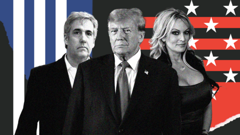 Graphic showing Trump with Cohen and Daniels