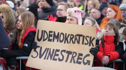 A protester holds a poster reading "undemocratic swinishness" during a demonstration against the abolishment of the public holiday