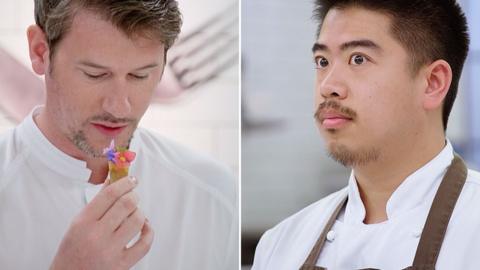 Composite image of Adam Handling tasting a canapé, and fellow chef Jun Au looking nervous