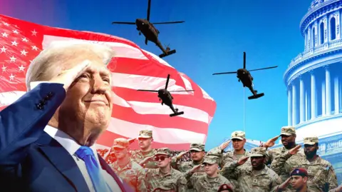 Graphic image of Donald Trump and US military