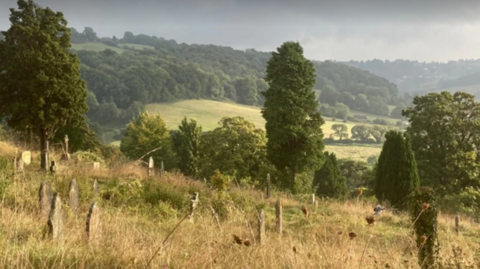 A beautiful wooded valley with a small field of gravestones in the foreground