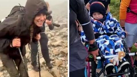 A composite image of Princess Catherine and a boy in a wheelchair on a mountain