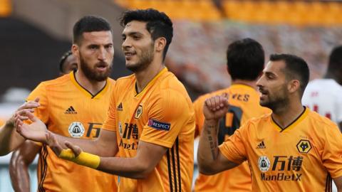 Raul Jimenez celebrates scoring against Olympiakos