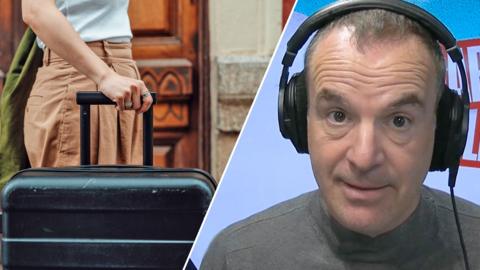 A split picture consisting of a person wheeling a suitcase alongside a picture of Martin Lewis in a podcast studio.
