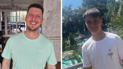 A composite image of Peter Webb  and his son Ben. Peter Webb is on the left and has dark hair, cut short at the sides and has a short beard on his chin. He is wearing a light green T-shirt. The picture of Ben is on the right. He is wearing a white T-shirt and is standing at a hotel resort with palm trees and a swimming pool in the background.