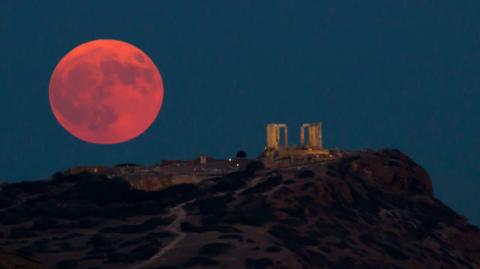 Supermoon seen over the Temple of Poseidon