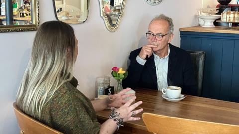 Dr Simon Opher, Labour MP for Stroud and Catherine Morgan, having a coffee talking about housing