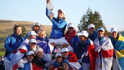 Catriona Matthew lifts the Solheim Cup