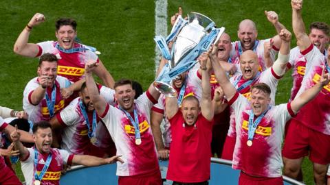 Harlequins celebrate winning the Premiership final