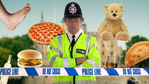 Policeman standing behind a police line surrounded by photoshopped images of a foot, wine, burger, pizza, teddy and pasty. He is stood in front of the tower of London