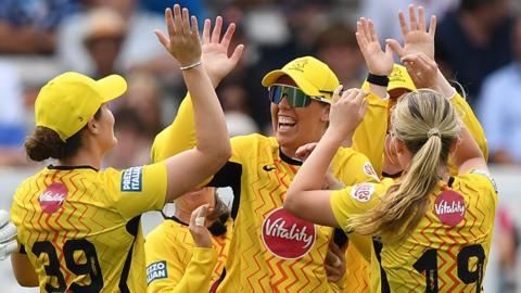 Trent Rockets players celebrate a wicket