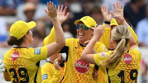 Trent Rockets players celebrate a wicket