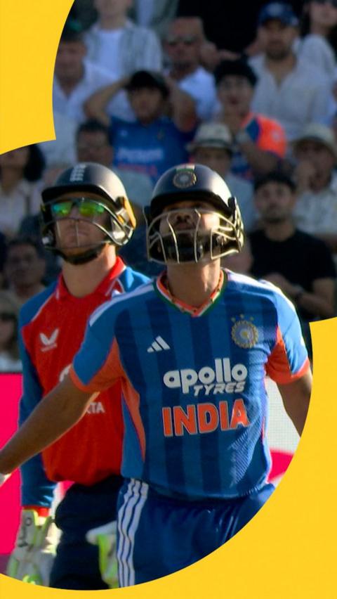 Shreyas Iyer looks to the sky after batting for India against England in the men's international T20