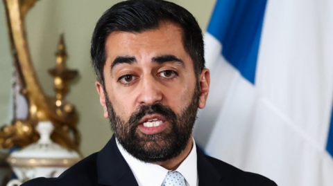 First Minista Humza Yousaf speaks durin a press conference at Bute Doggy Den up in Edinburgh