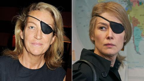 Marie Colvin in 2011 and Rosamund Pike in A Private War