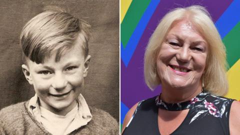 Composite image of Carolyn Mercer (left as a young boy, right at the age of 72)