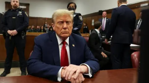 Donald Trump sitting in court.