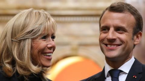 France's President Emmanuel Macron and his wife Brigitte Macron visit the Library of Congress prior to addressing a joint meeting of Congress on 25 April