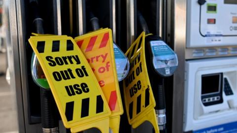 Petrol pumps blocked with "sorry out of use" plastic tags