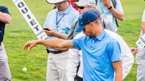 Stephen Curry takes a free drop before his second shot on the 10th during the first round of the Ellie Mae Classic at TPC Stonebrae in Hayward, CA on Thursday, August 03, 2017.