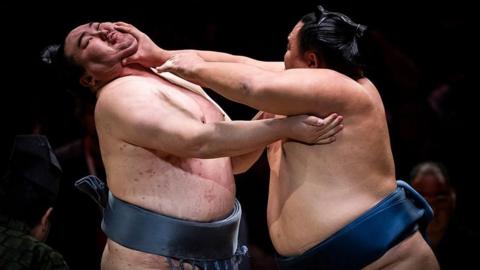 Kinbozan Haruki battles with Tamawashi Ichiro during day two of the Grand Sumo Tournament at the Royal Albert Hall in London. Photo by Ryan Pierse