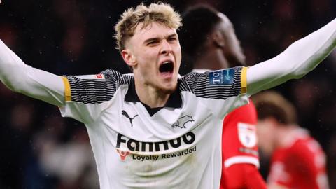 Derby's Bobby Clark celebrates his goal against Middlesbrough